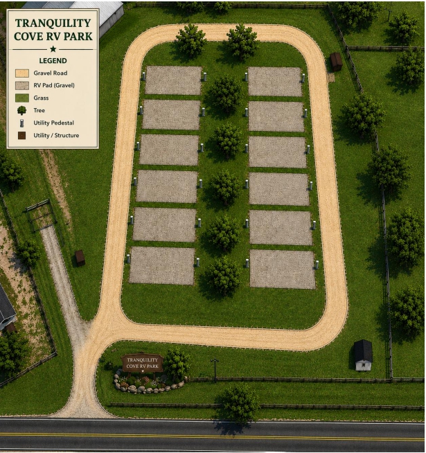 Aerial map of Tranquility Cove RV Park showing twelve gravel RV pads in two rows